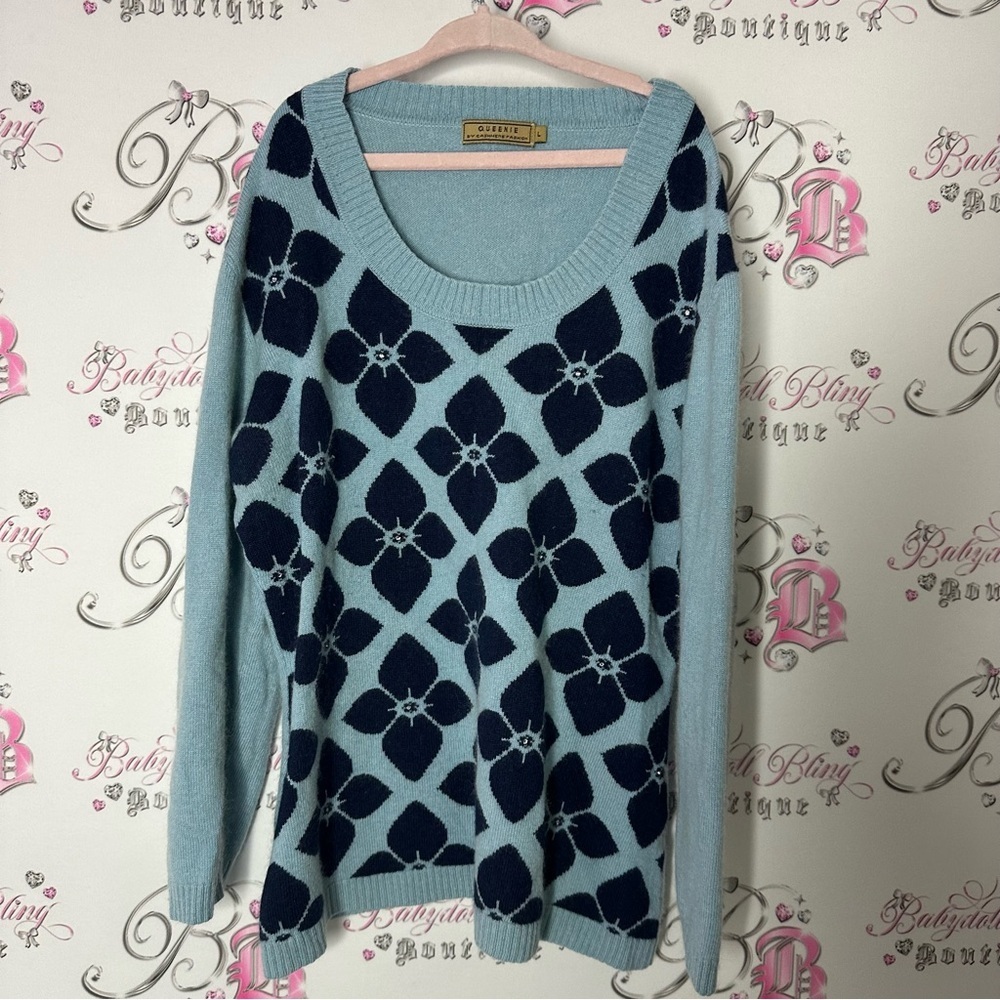 Queenie by cashmere fashion beaded embroidered Blue and Black Patterned Sweater